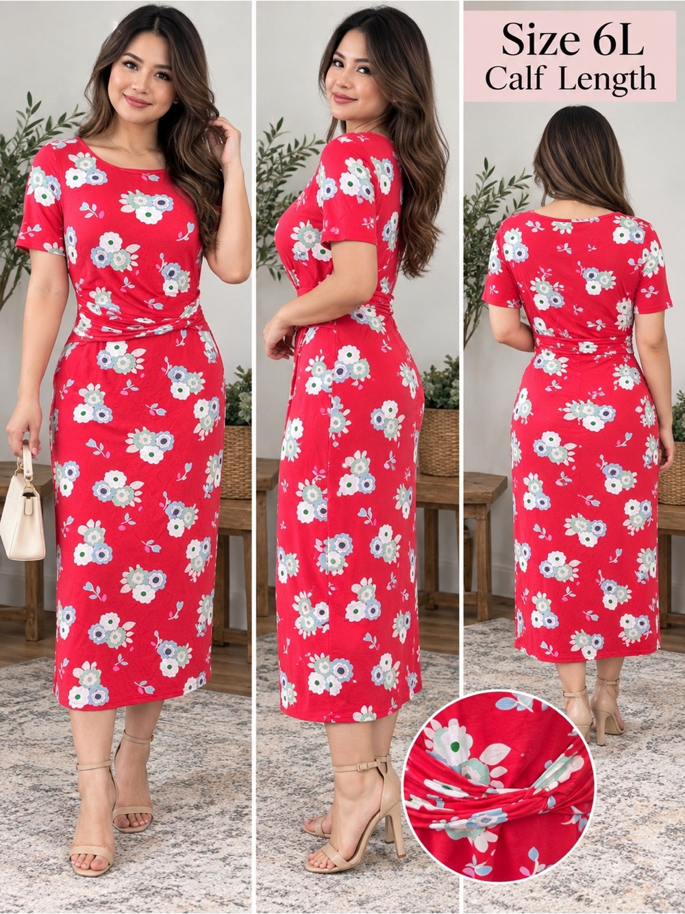 Boden Floral Jersey Knit Dress Size US 6R Red Pencil Midi
